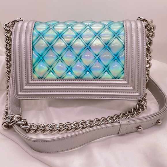 ***SOLD*** Chanel Boy Flap Bag Quilted Holographic PVC Small Blue & Silver - Picture 3 of 14
